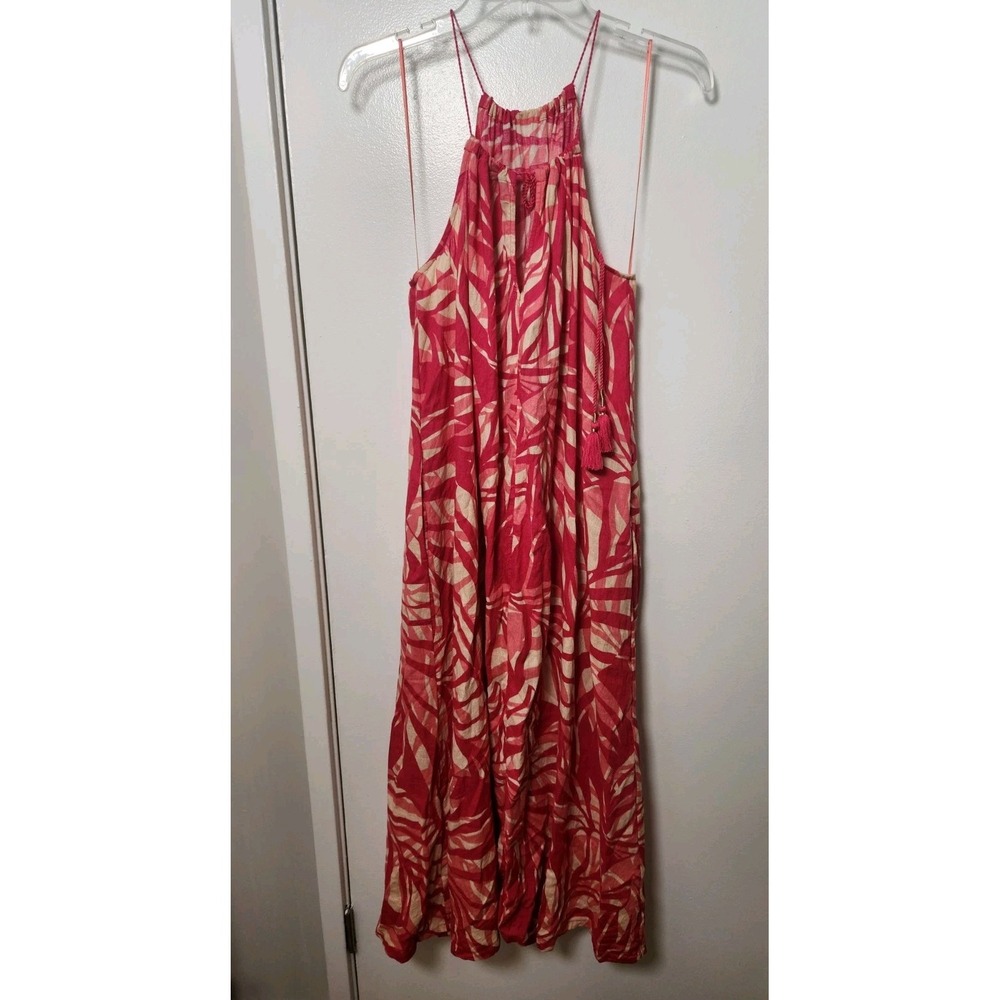 Tahari Linen Blend Halter Top Pink Coral Palm Leaf Trapeze Maxi Dress XL Pockets